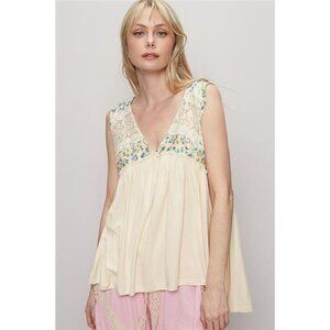 POL Lace Detail Frill Floral V-Neck Sleeveless Top